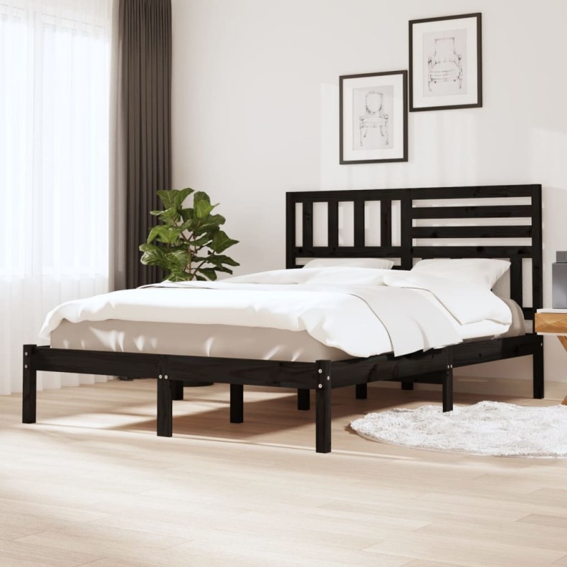 Estrutura de cama de casal 135x190 cm pinho maciço preto-Camas e estruturas de camas-Home Retail