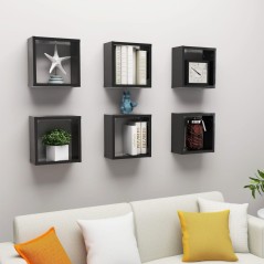 Prateleiras parede forma de cubo 6 pcs 30x15x30 cm preto brilh.