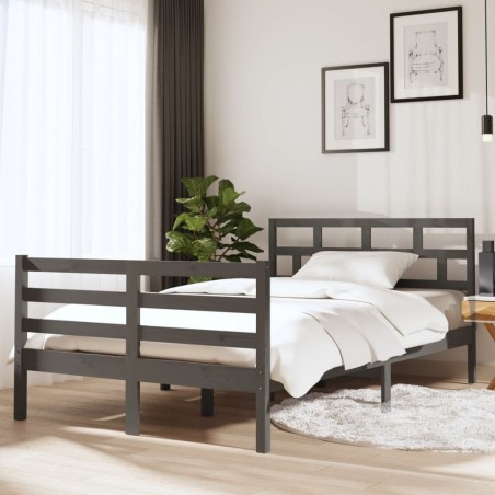 Estrutura de cama casal 135x190 cm madeira maciça cinzento