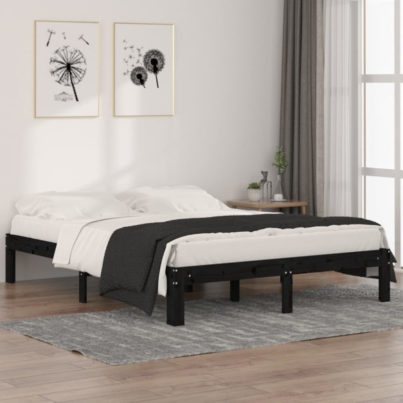 Estrutura de cama king 150x200 cm madeira maciça preto-Camas e estruturas de camas-Home Retail