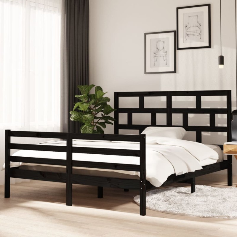 Estrutura de cama 160x200 cm madeira de pinho maciça preto-Camas e estruturas de camas-Home Retail