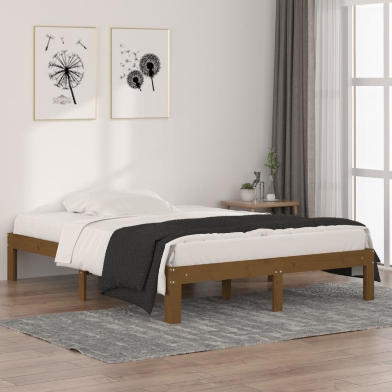 Estrutura de cama casal 135x190 cm madeira maciça castanho-mel-Camas e estruturas de camas-Home Retail