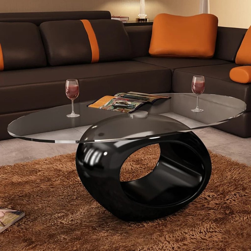 Mesa de centro com tampo oval de vidro, preto brilhante-Mesas de centro-Home Retail