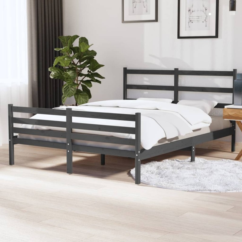 Estrutura de cama casal 135x190 cm pinho maciço cinza-Camas e estruturas de camas-Home Retail