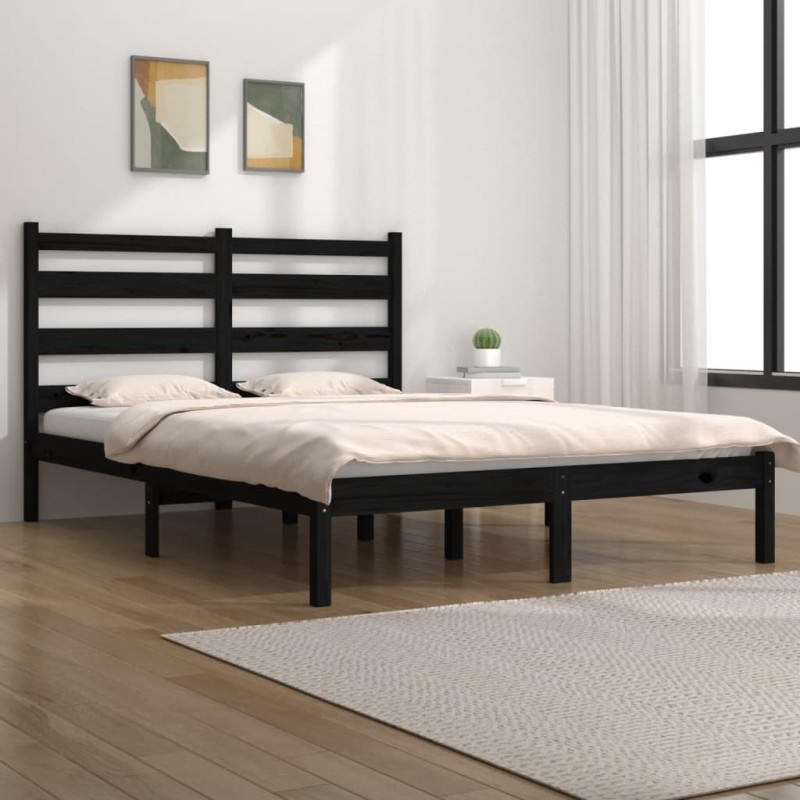 Estrutura de cama dupla 4FT6 135x190 cm pinho maciço preto-Camas e estruturas de camas-Home Retail