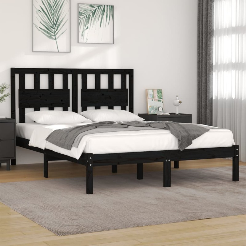 Estrutura de cama king 150x200 cm pinho maciço preto-Camas e estruturas de camas-Home Retail