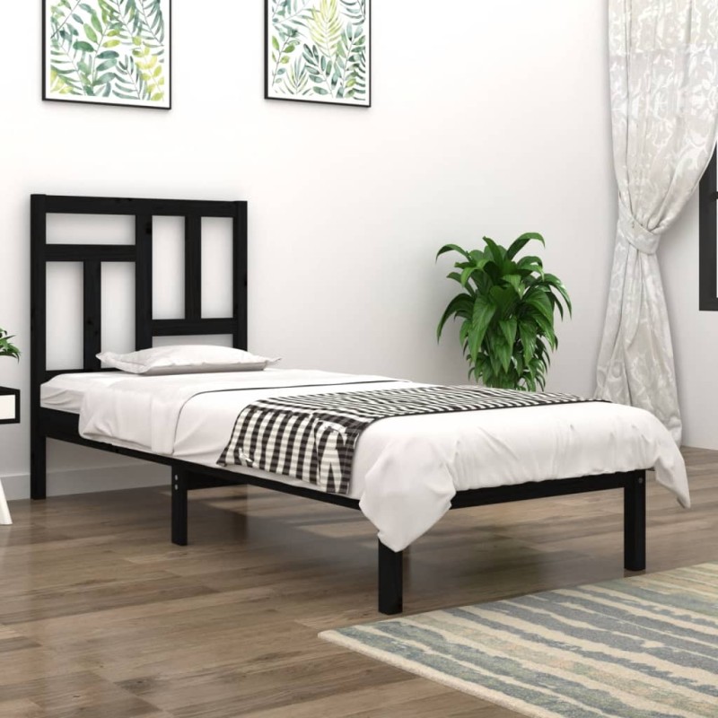 Estrutura de cama solteiro 90x190 cm pinho maciço preto-Camas e estruturas de camas-Home Retail