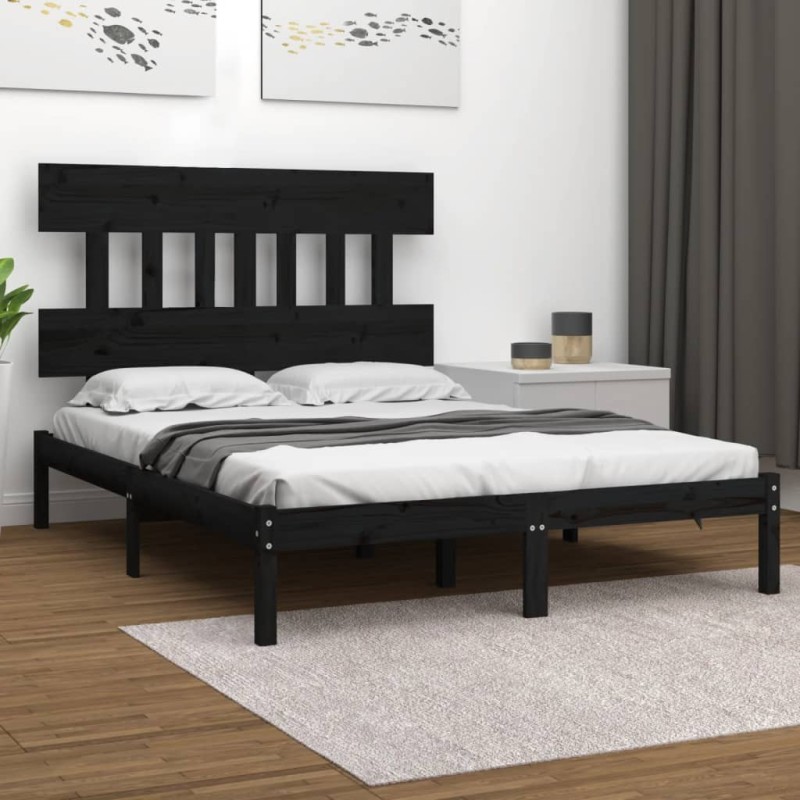 Estrutura de cama king 150x200 cm madeira maciça preto-Camas e estruturas de camas-Home Retail