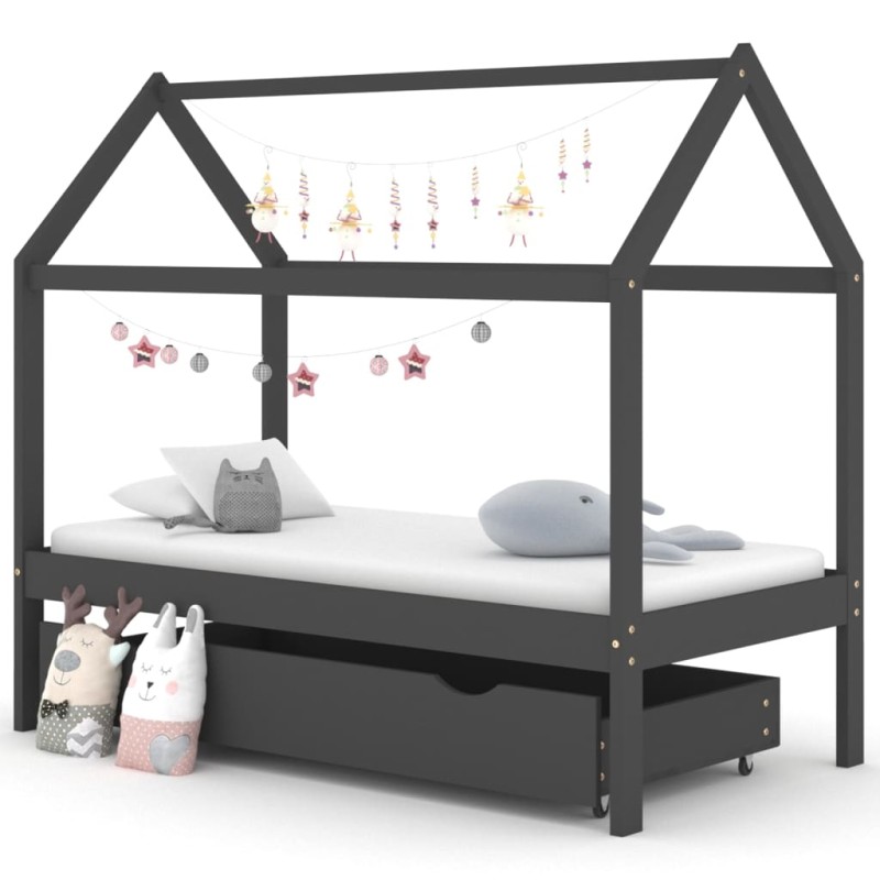 Cama p/ crianças c/ gaveta 80x160 cm pinho maciço cinza-escuro-Berços e camas infantis-Home Retail