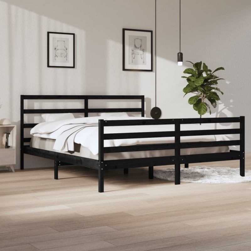 Estrutura de cama 200x200 cm pinho maciço preto-Camas e estruturas de camas-Home Retail