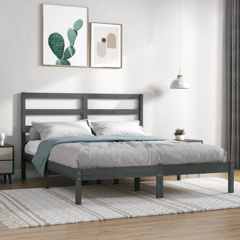 Estrutura de cama dupla 135x190 cm madeira maciça cinzento-Camas e estruturas de camas-Home Retail