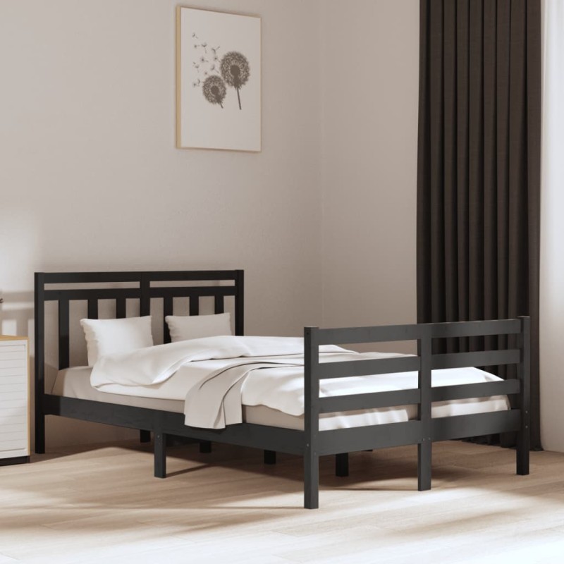 Estrutura de cama casal 135x190 cm madeira maciça cinzento-Camas e estruturas de camas-Home Retail