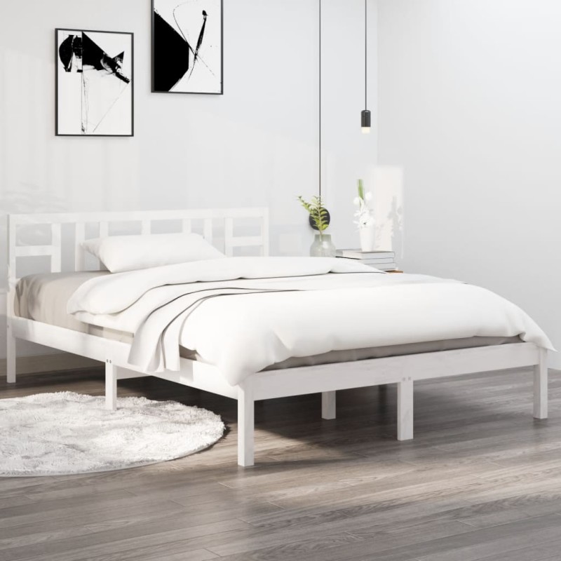 Estrutura de cama casal 135x190 cm madeira maciça branco-Camas e estruturas de camas-Home Retail