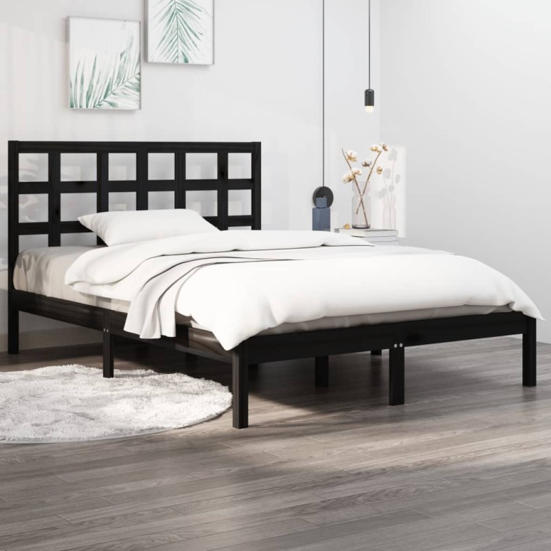 Estrutura de cama king 150x200 cm madeira maciça preto-Camas e estruturas de camas-Home Retail