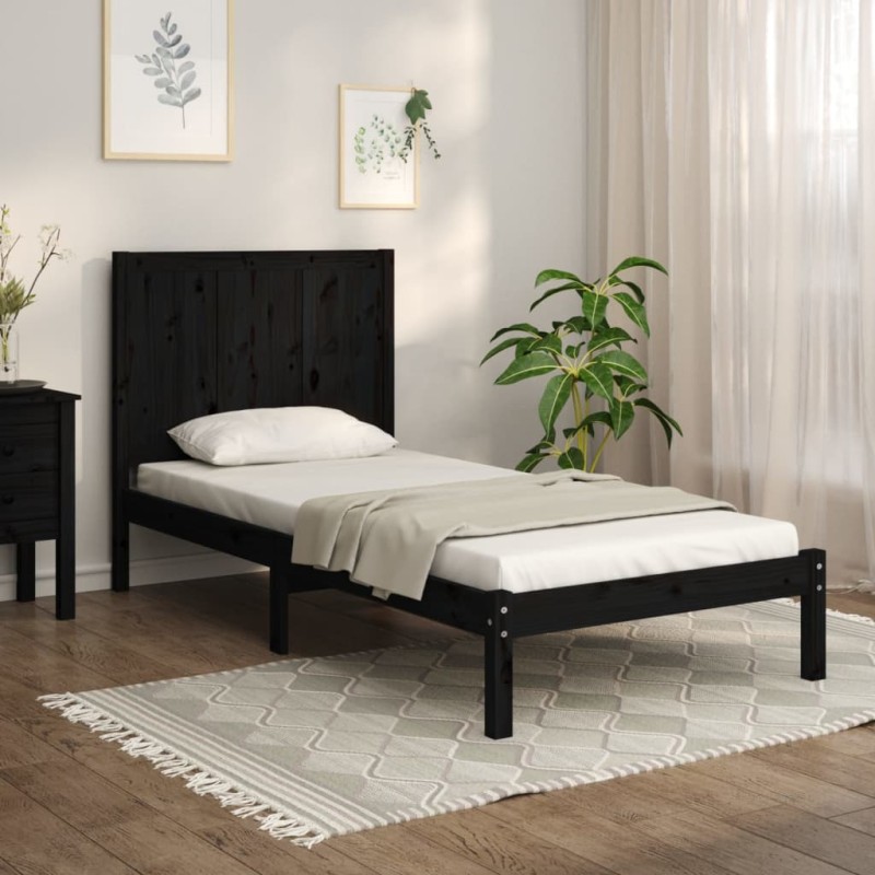 Estrutura de cama solteiro 90x190 cm pinho maciço preto-Camas e estruturas de camas-Home Retail