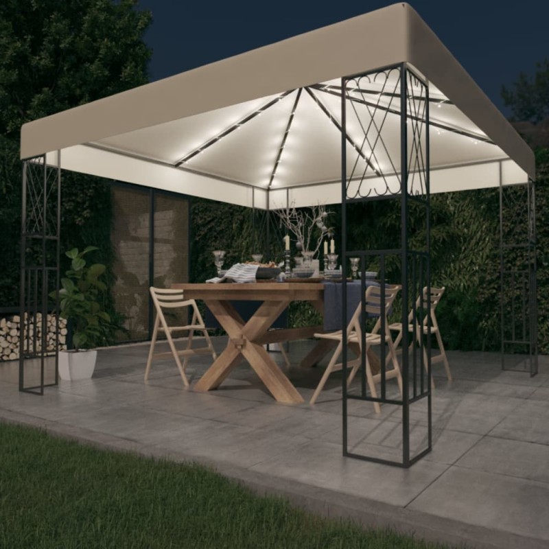 Gazebo com cordões de luzes LED 3x3 m tecido cor creme-Toldos e gazebos-Home Retail