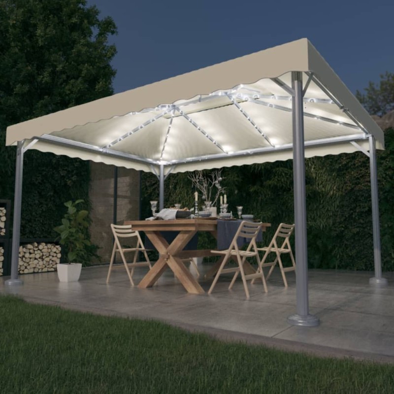 Gazebo com cordões de luzes LED 400x300 cm alumínio cor creme-Toldos e gazebos-Home Retail