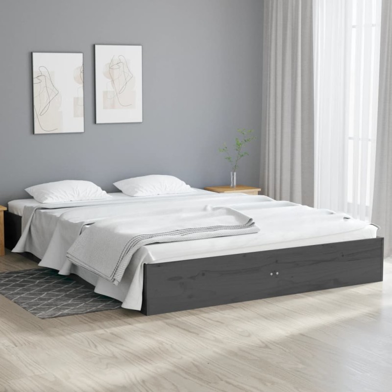 Estrutura de cama casal 135x190 cm madeira maciça cinzento-Camas e estruturas de camas-Home Retail