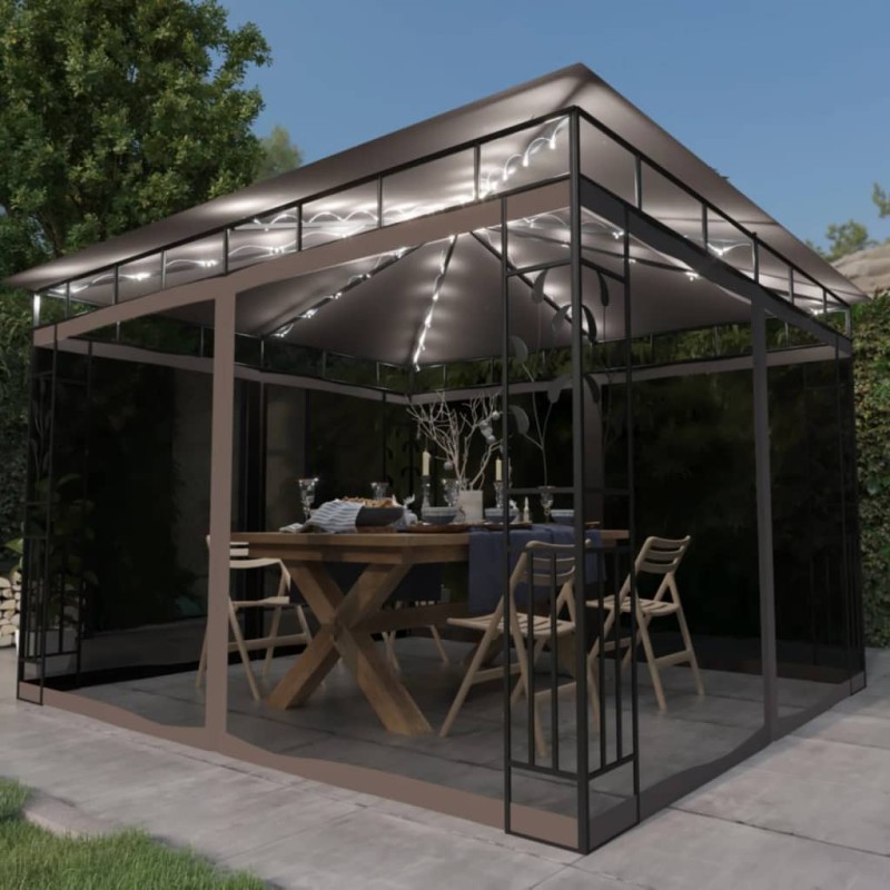 Gazebo c/ mosquiteiro e cordões luzes LED 3x3x2,73m cinza-acas.-Toldos e gazebos-Home Retail