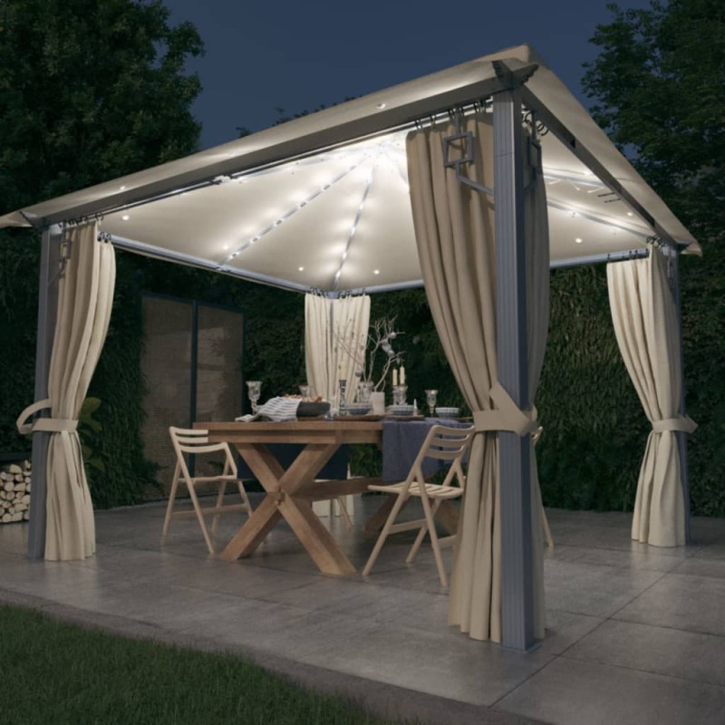 Gazebo com cortinas e cordões de luzes LED 3x3m alumínio creme-Toldos e gazebos-Home Retail