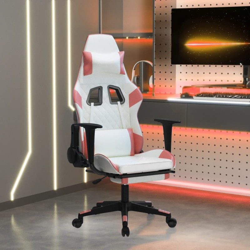 Cadeira gaming massagens c/ apoio pés couro artif. branco/rosa-Cadeiras de jogo-Home Retail