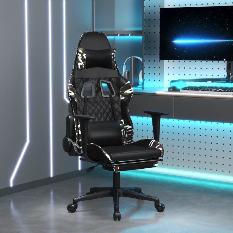 Cadeira gaming massagens apoio pés couro artif preto/camuflagem-Cadeiras de jogo-Home Retail