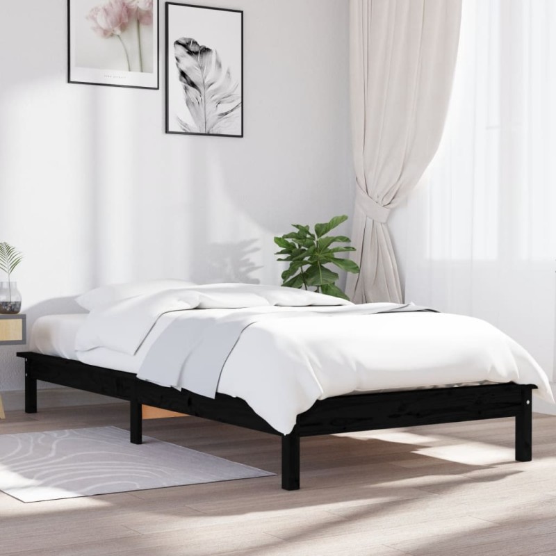 Estrutura de cama de solteiro 90x190 cm pinho maciço preto-Camas e estruturas de camas-Home Retail