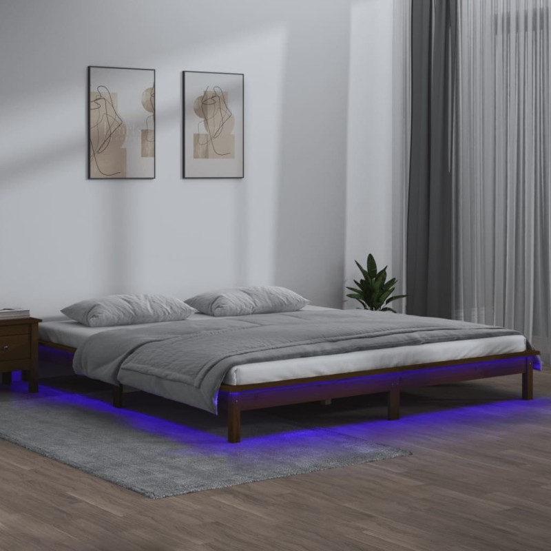 Estrutura de cama c/ LEDs 160x200cm madeira maciça castanho mel-Camas e estruturas de camas-Home Retail