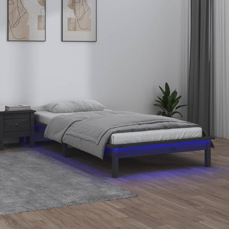 Estrutura cama c/ LED solteiro 75x190cm madeira maciça cinzento-Camas e estruturas de camas-Home Retail