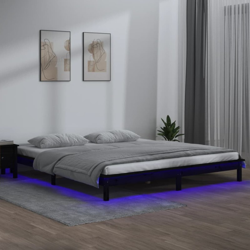 Estrutura cama casal c/ LEDs 135x190 cm madeira maciça preto-Camas e estruturas de camas-Home Retail