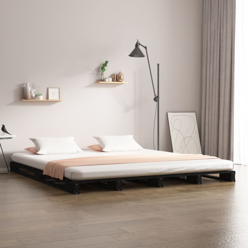 Cama de paletes king 150x200 cm pinho maciço preto-Camas e estruturas de camas-Home Retail