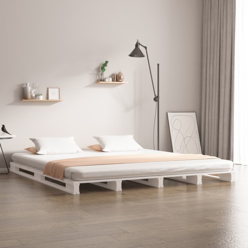 Cama de paletes king 150x200 cm pinho maciço branco-Camas e estruturas de camas-Home Retail