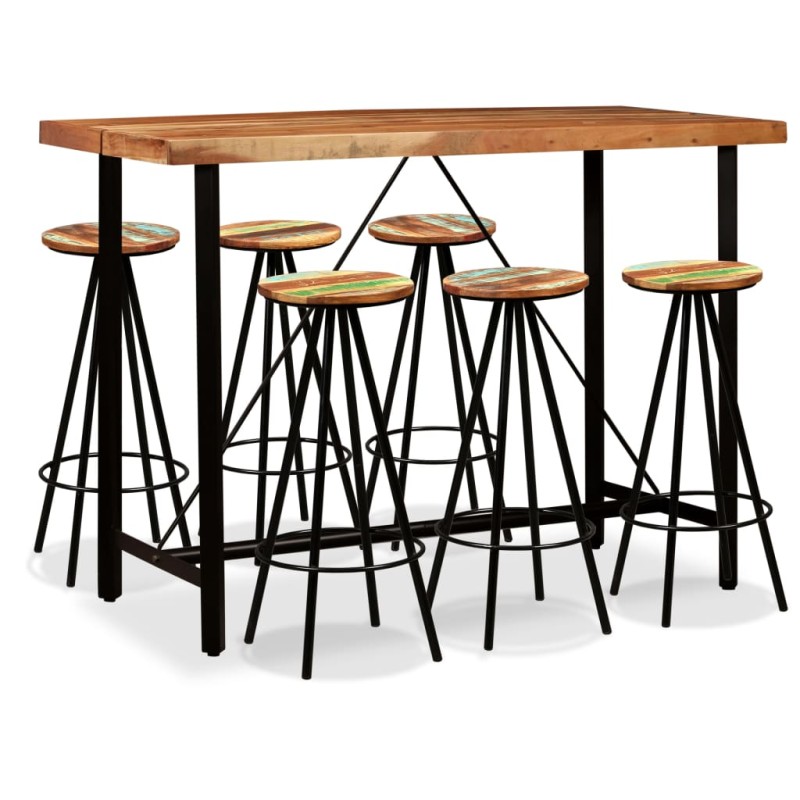 Conjunto de bar 7 pcs madeiras de acácia maciça e recuperada-Conjuntos de móveis para cozinha e sala de jantar-Home Retail