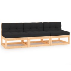 3 pcs conjunto lounge de jardim c/ almofadões pinho maciço