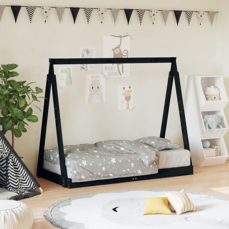 Estrutura de cama infantil 70x140 cm pinho maciço preto-Berços e camas infantis-Home Retail