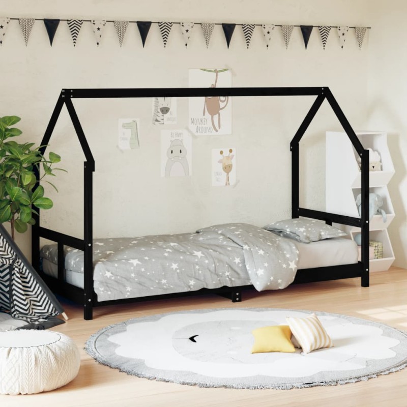 Estrutura de cama infantil 80x200 cm pinho maciço preto-Berços e camas infantis-Home Retail