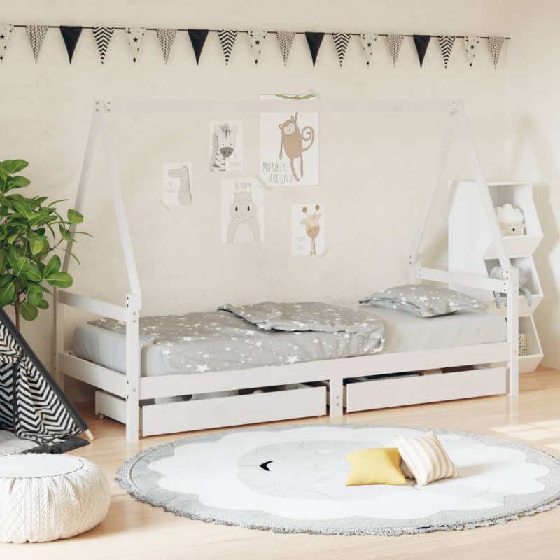 Estrutura cama infantil c/ gavetas 90x200cm pinho maciço branco-Berços e camas infantis-Home Retail