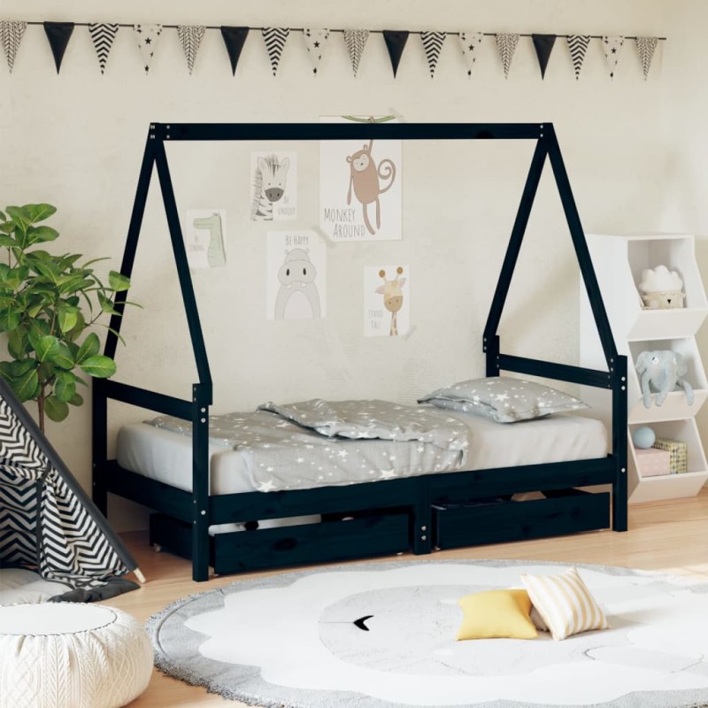 Estrutura cama infantil c/ gavetas 80x160 cm pinho maciço preto-Berços e camas infantis-Home Retail