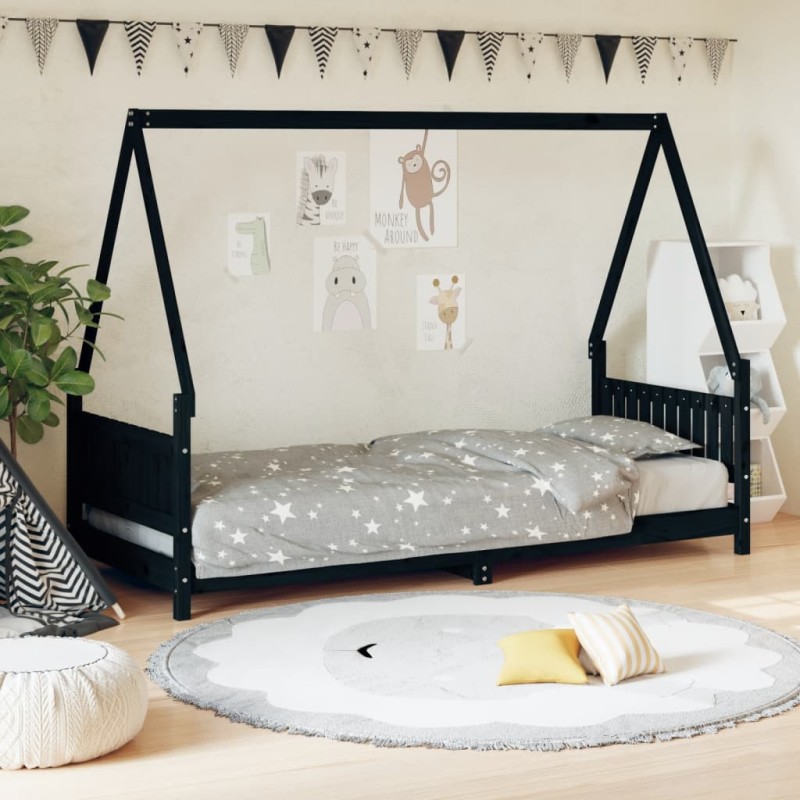 Estrutura de cama infantil 80x200 cm pinho maciço preto-Berços e camas infantis-Home Retail