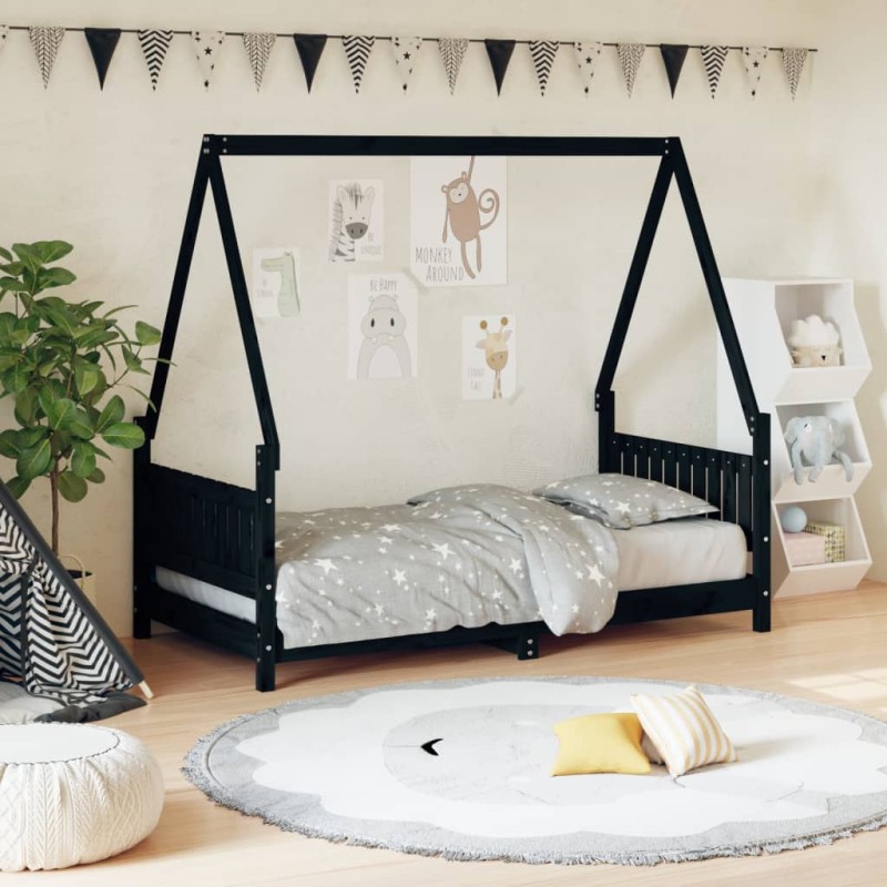 Estrutura de cama infantil 80x160 cm pinho maciço preto-Berços e camas infantis-Home Retail