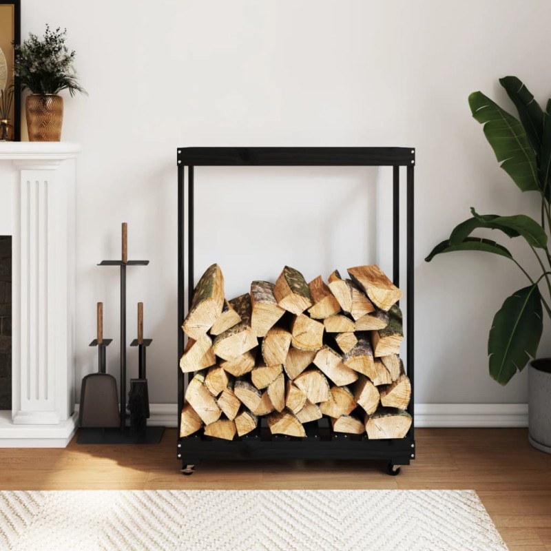 Suporte de lenha c/ rodas 76,5x40x108 cm pinho maciço preto-Prateleiras para lenha e madeira-Home Retail