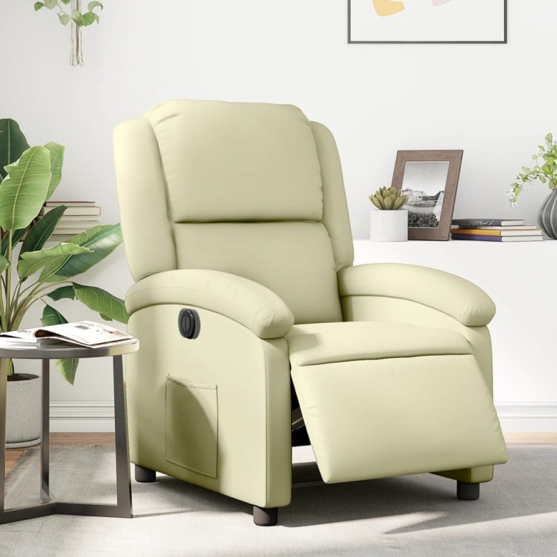 Poltrona reclinável elétrica couro genuíno cor creme-Poltronas-Home Retail