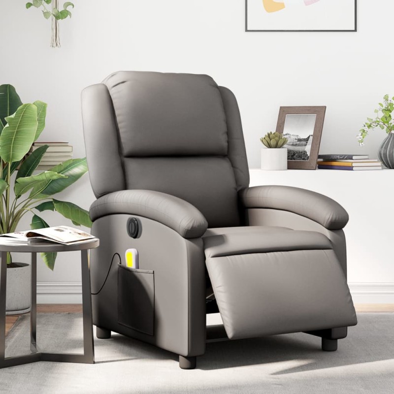 Poltrona de massagens reclinável elétrica couro genuíno cinza-Poltronas-Home Retail