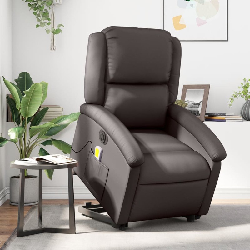 Poltrona de massagens reclinável couro genuíno castanho-escuro-Poltronas-Home Retail