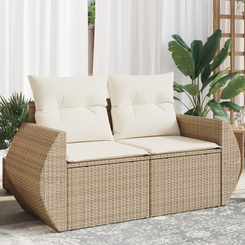 Sofá de jardim de 2 lugares com almofadões vime PE bege-Sofás para exterior-Home Retail