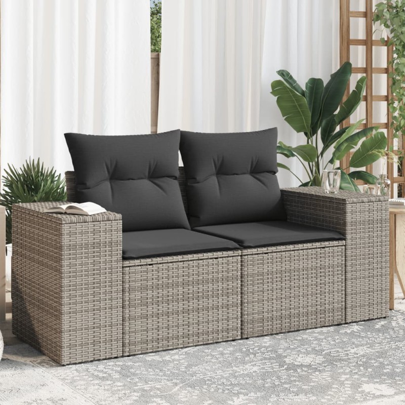 Sofá de jardim de 2 lugares com almofadões vime PE cinzento-Sofás para exterior-Home Retail