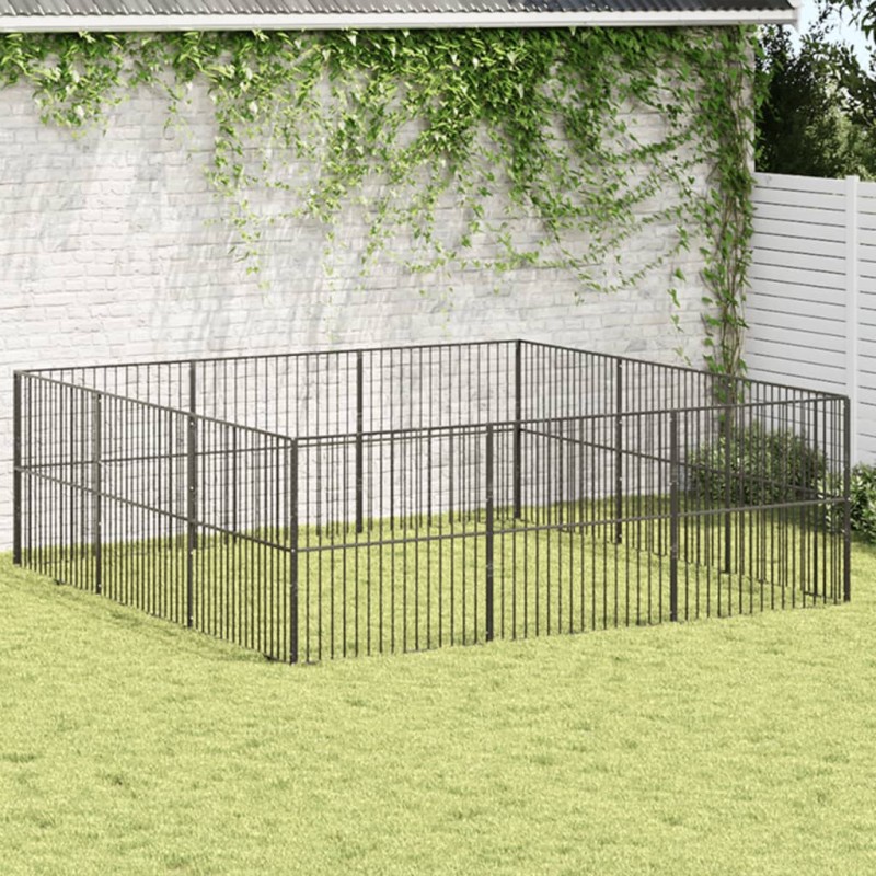 Parque para cães com 12 painéis aço galvanizado preto-Casotas para cães-Home Retail