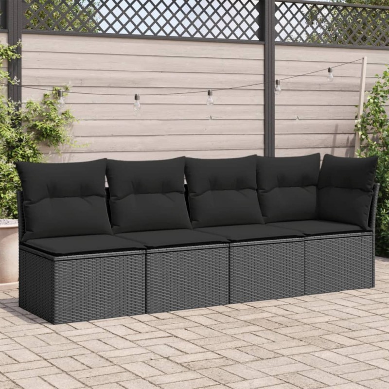 Sofá de jardim com almofadões 4 lugares vime PE preto-Sofás para exterior-Home Retail