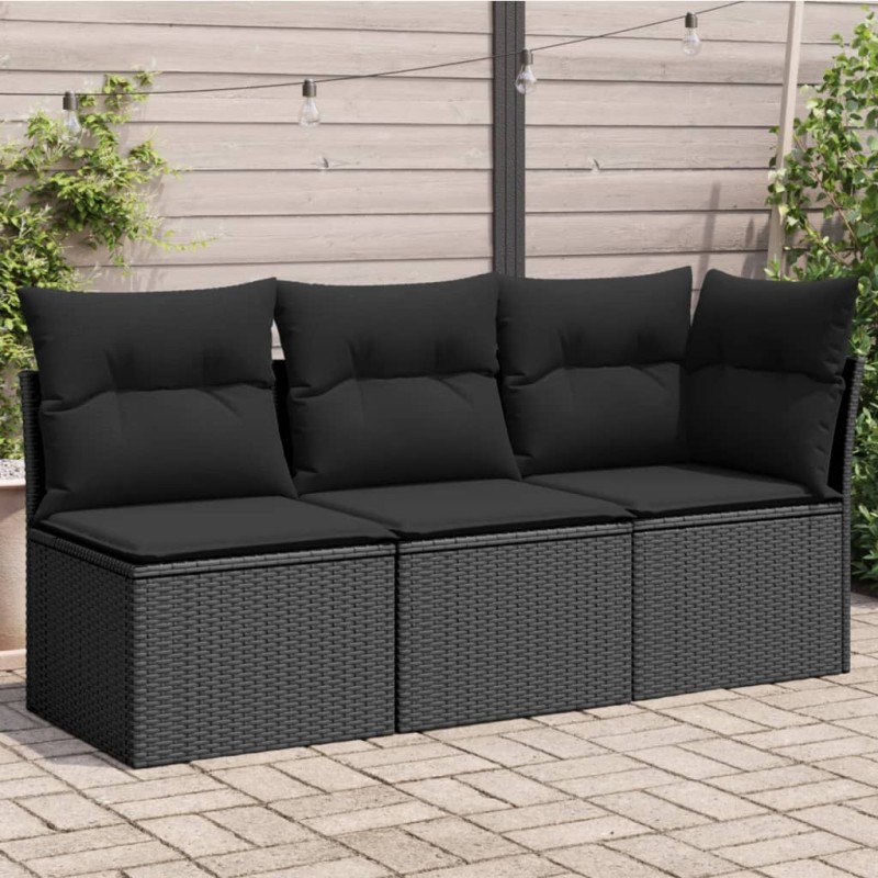 Sofá de jardim 3 lugares com almofadões vime PE preto-Sofás para exterior-Home Retail