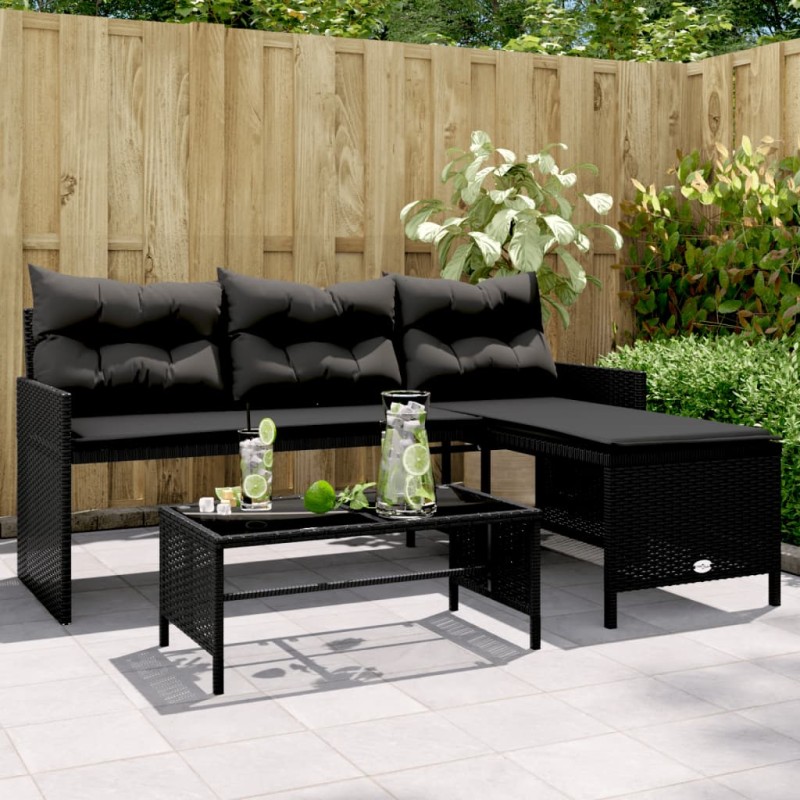 Sofá de jardim em forma de L c/ mesa e almofadões vime PE preto-Sofás para exterior-Home Retail